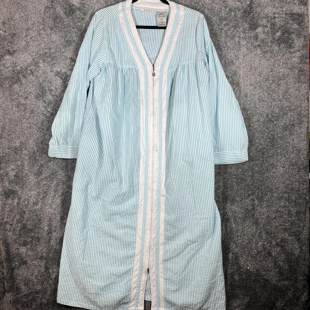 KayAnna Robe Womens M Blue Striped Kimono V-Neck Zip Cotton-Poly Lightweight